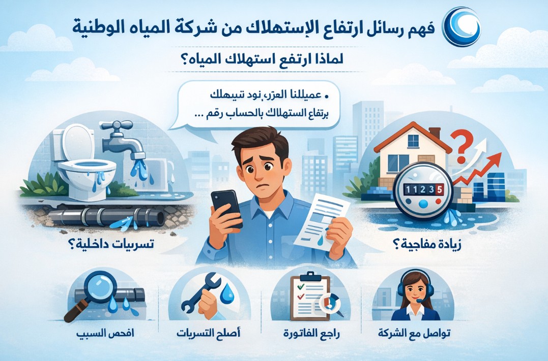 حل مشكلة رسالة (ارتفاع استهلاك المياه) في السعودية - دليل شامل 2025
